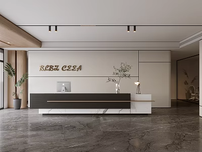 Modern Reception Desk Interior Design With SARA CESA Branding Marble Countertop And Green Plants 3d model
