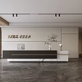 Modern Reception Desk Interior Design With SARA CESA Branding Marble Countertop And Green Plants