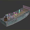 Detailed Blue Hull Model Boat With Figures Wooden Barrels Lifebuoy And Wooden Deck