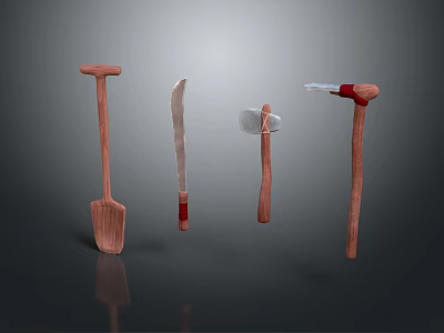 Various Wooden Handle Hand Tools Including Shovel Knife Axe And Red Accent Tool 3d model
