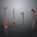 Various Wooden Handle Hand Tools Including Shovel Knife Axe And Red Accent Tool