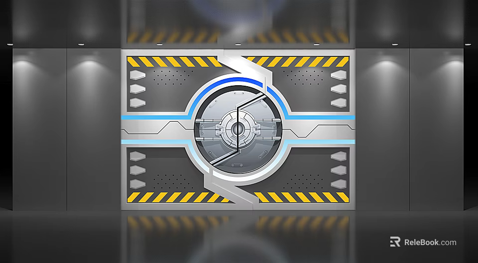 Futuristic Metal Panel With Circular Device Yellow Black Warning Stripes Silver Frame And Blue Lines 3d model 