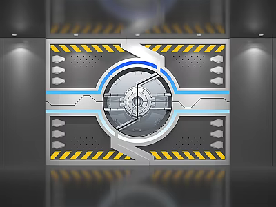 Futuristic Metal Panel With Circular Device Yellow Black Warning Stripes Silver Frame And Blue Lines 3d model