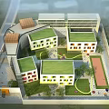 Modern School Campus Buildings With Green Roofs Playground And Running Track