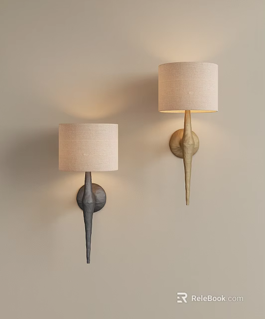 Two Tone Modern Wall Lamps With Beige Fabric Shades On Light Colored Wall 3d model 