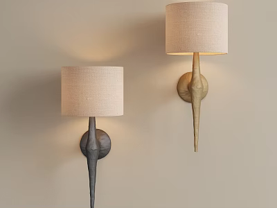 Two Tone Modern Wall Lamps With Beige Fabric Shades On Light Colored Wall 3d model