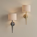 Two Tone Modern Wall Lamps With Beige Fabric Shades On Light Colored Wall