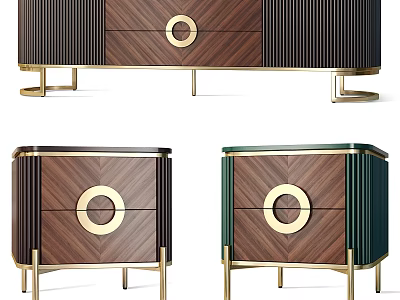 Modern Luxury Wooden Dresser With Circular Accents Vertical Striped Panels And Gold Legs 3d model