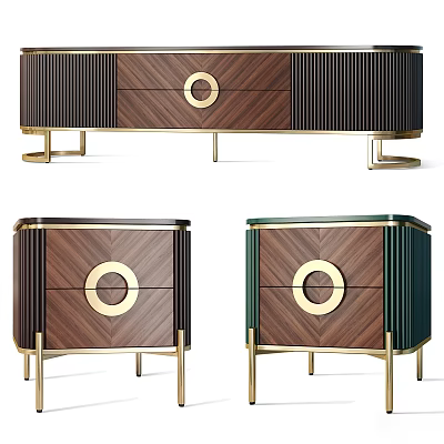 Modern Luxury Wooden Dresser With Circular Accents Vertical Striped Panels And Gold Legs 3d model