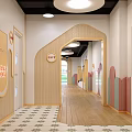 Kindergarten Classroom Interior With Round Lights Wooden Tables Shelves Digital Clock And Colorful Decor