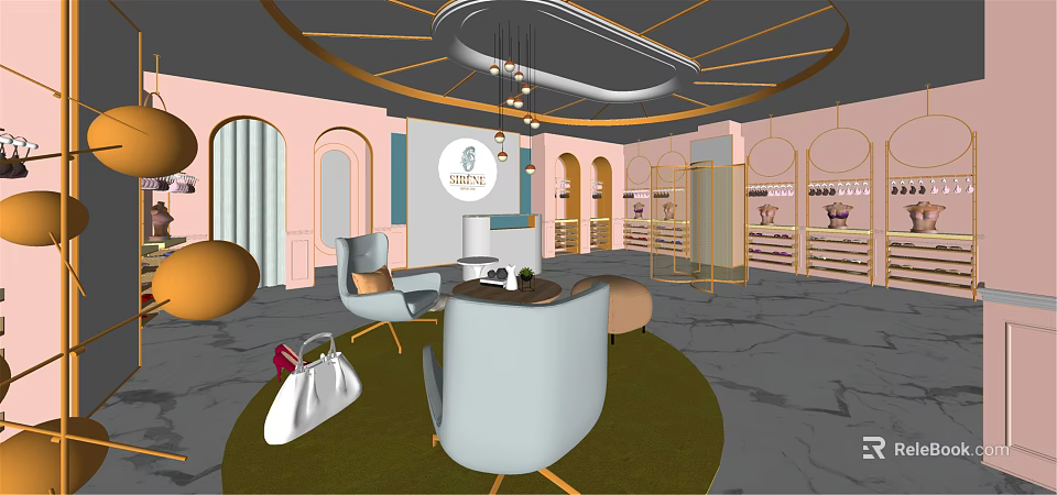 Helen Boutique Interior With Pastel Pink Walls Gold Accents Light Blue Chairs And Handbag Displays 3d model 