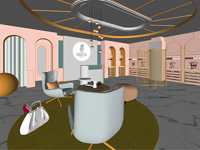 Helen Boutique Interior With Pastel Pink Walls Gold Accents Light Blue Chairs And Handbag Displays 3d model