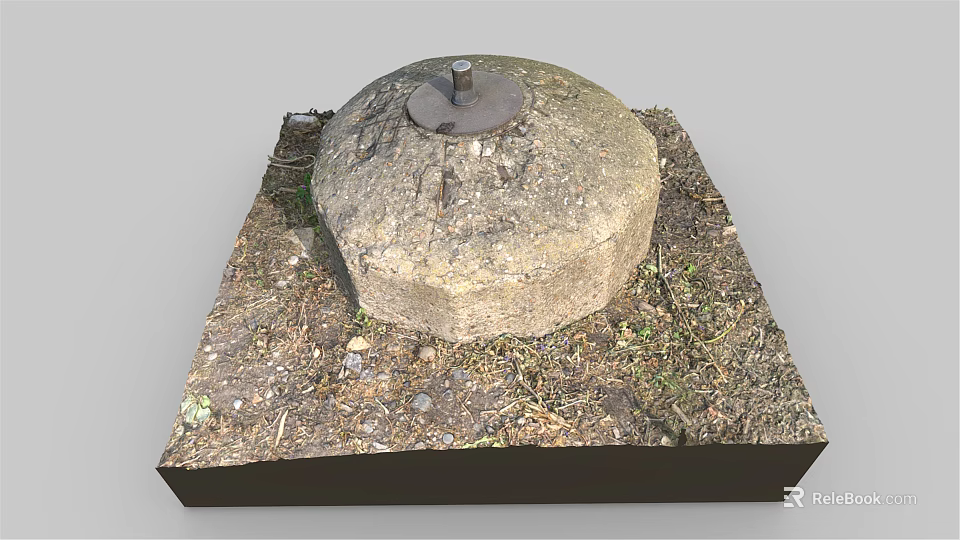 Round Stone Mill Structure On Square Base With Dirt And Weeds Around 3d model 