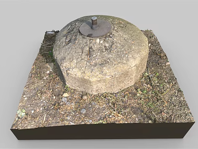 Round Stone Mill Structure On Square Base With Dirt And Weeds Around 3d model