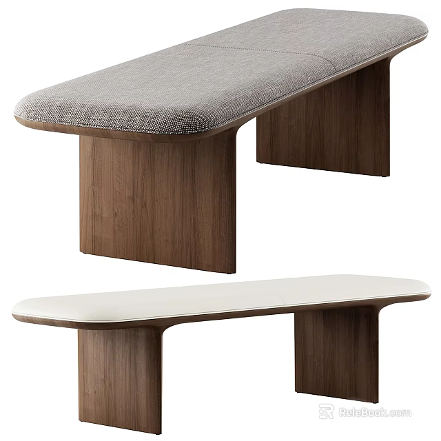 Modern Wooden Benches with Gray and White Upholstered Seats and Solid Wood Legs 3d model 
