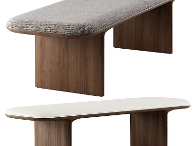 Modern Wooden Benches with Gray and White Upholstered Seats and Solid Wood Legs 3d model
