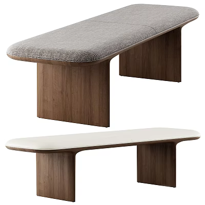 Modern Wooden Benches with Gray and White Upholstered Seats and Solid Wood Legs 3d model