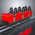 Red Amusement Park Ride with Multiple Black Seats on Metal Track for Fun
