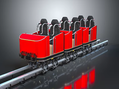 Red Amusement Park Ride with Multiple Black Seats on Metal Track for Fun 3d model