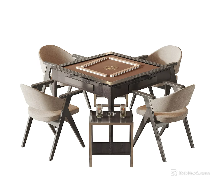 Modern Mahjong Entertainment Table With Four Chairs Side Table And Glasses 3d model 