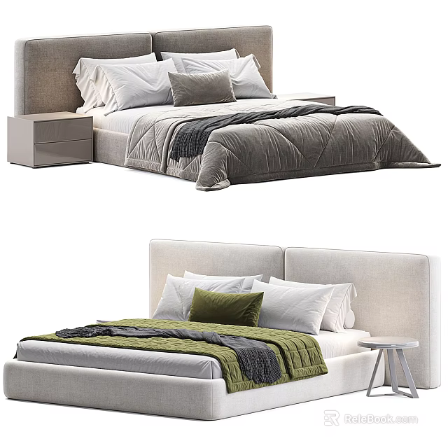 Modern Double Bed Interior with White and Colored Pillows Soft Blanket and Side Table 3d model 