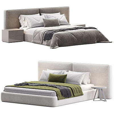 Modern Double Bed Interior with White and Colored Pillows Soft Blanket and Side Table 3d model