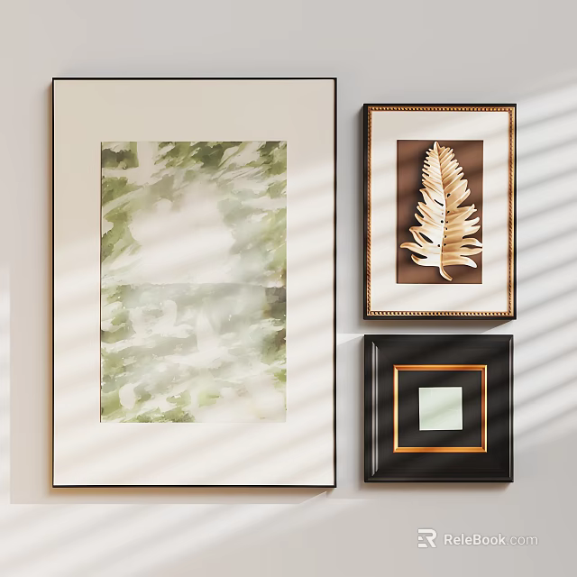 Abstract Paintings Wall Display With Green Texture Gold Leaf Design And Framed Artwork 3d model