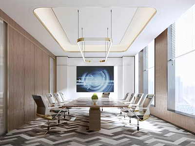 Modern Conference Room Interior With Long Wooden Table Ergonomic Chairs And Pendant Lights 3d model