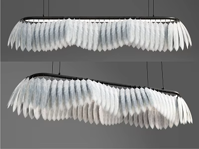 Stylish Curved Chandelier With Feather Shaped White And Gray Design And Black Frame 3d model