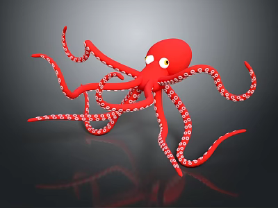 Red Octopus with White Spots on Tentacles and Yellow Eyes Against Black Background 3d model