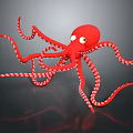 Red Octopus with White Spots on Tentacles and Yellow Eyes Against Black Background