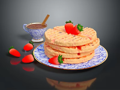 Delicious Stacked Waffles Topped With Fresh Strawberries and Chocolate Sauce On Blue White Patterned Plate 3d model