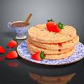 Delicious Stacked Waffles Topped With Fresh Strawberries and Chocolate Sauce On Blue White Patterned Plate