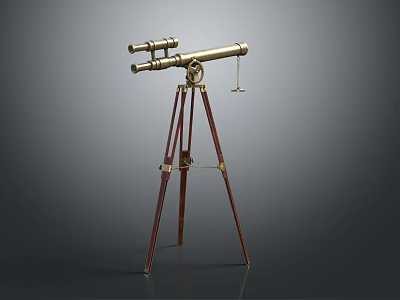 Vintage Brass Telescope On Wooden Tripod Stand With Classic Decorative Design 3d model