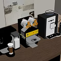 Modern Coffee Machines With Different Designs On Wooden Table And Cups