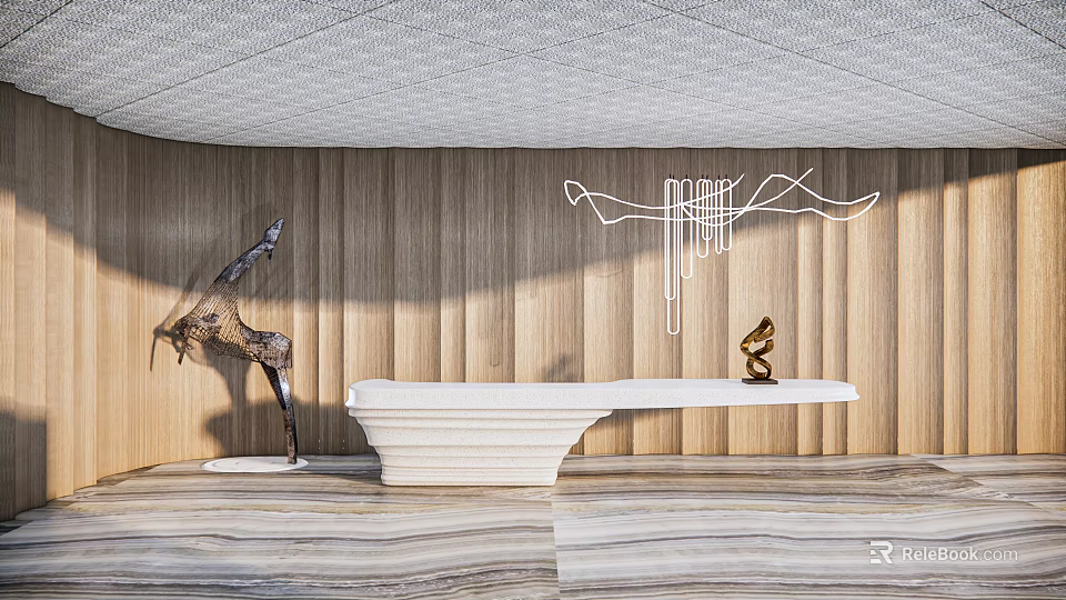 Elegant White Reception Desk Interior With Wooden Wall Art Sculptures And White Ceiling 3d model 
