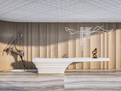Elegant White Reception Desk Interior With Wooden Wall Art Sculptures And White Ceiling 3d model