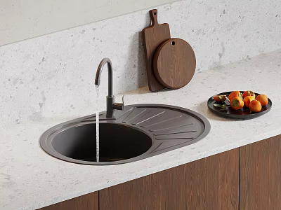 Modern Kitchen Sink with Faucet on White Countertop and Wooden Cutting Board and Fruit Plate 3d model