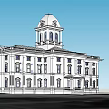 Classical Style Office Building With Dome Tower Multi Story Design Large Windows And Entrance Porch