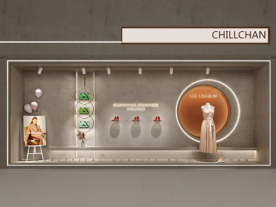 Chillchan Modern Window Display With Elegant Dress Circular Frame Shoes And Decorative Balloons 3d model