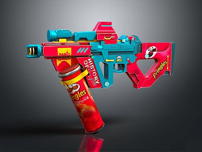 Vibrant Toy Gun Featuring Red Blue Colors and Chips Can Attachment with Destroy Trouble Text 3d model