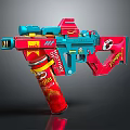 Vibrant Toy Gun Featuring Red Blue Colors and Chips Can Attachment with Destroy Trouble Text