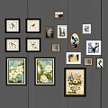 Eclectic Gallery Wall With Mixed Frames And Floral Bird Prints On Dark Wall 3d model