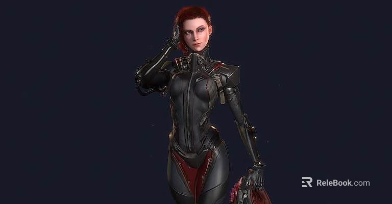 Woman in Black and Red Futuristic Combat Suit with Mechanical Arm Details 3d model 