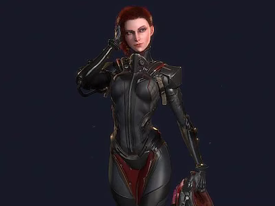 Woman in Black and Red Futuristic Combat Suit with Mechanical Arm Details 3d model