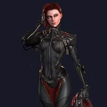 Woman in Black and Red Futuristic Combat Suit with Mechanical Arm Details