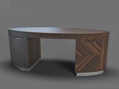 Modern Wooden Desk With Curved Top Herringbone Wood Grain And Side Storage Cabinets 3d model