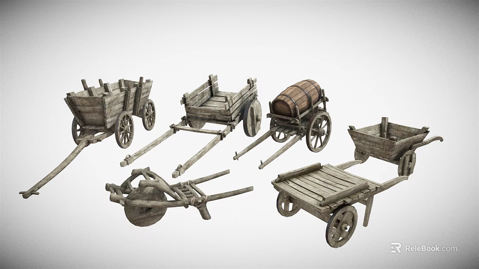 Vintage Wooden Hand Carts with Different Styles Wheels and Barrel Design 3d model 