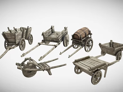 Vintage Wooden Hand Carts with Different Styles Wheels and Barrel Design 3d model