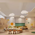 Bright Kindergarten Interior With Cloud Pendant Lights Colorful Block Wall And Wooden Kids Furniture